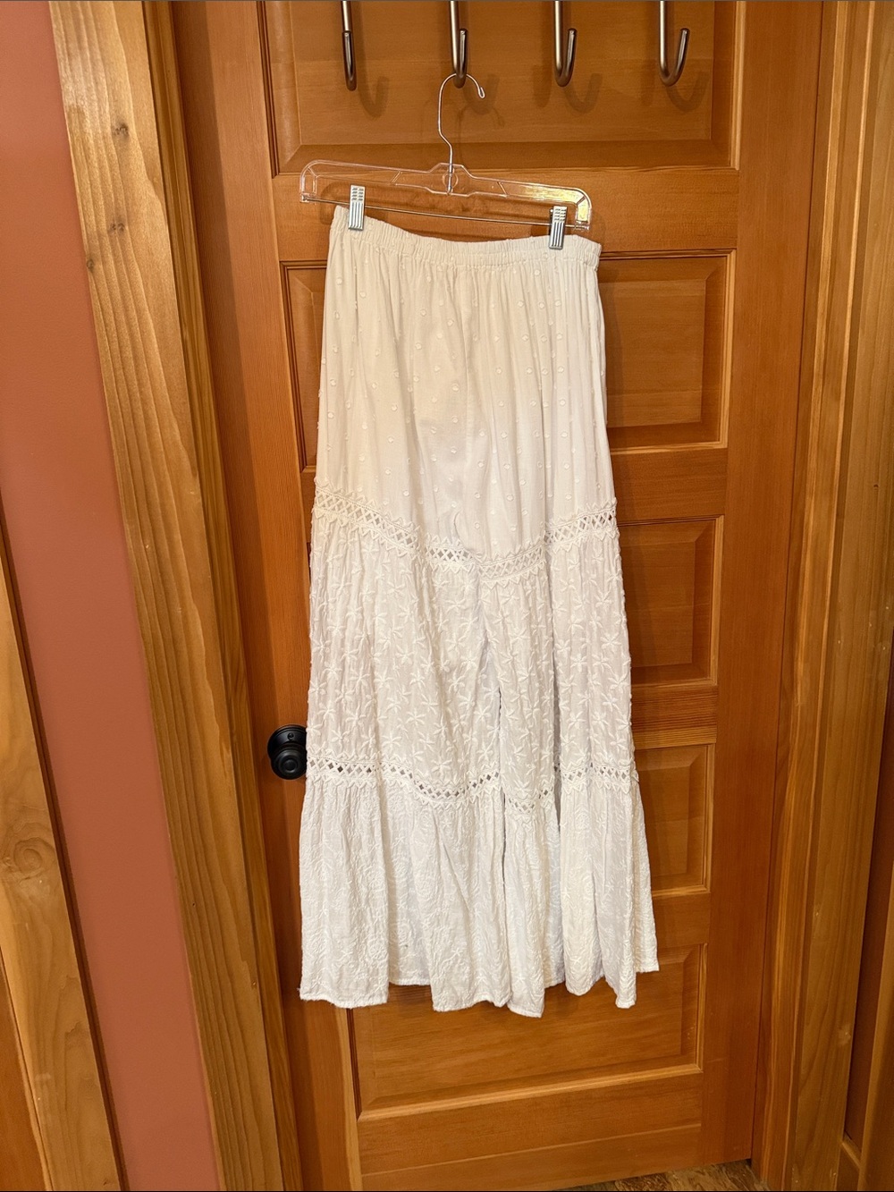 White Tiered Eyelet Maxi Skirt with Crochet Trim